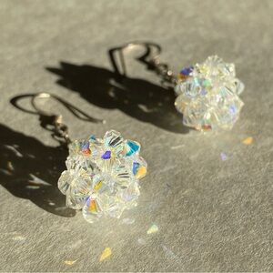 Vintage 925 Sterling Silver AB Crystal Cluster Chain Dangle Drop Hook Earrings